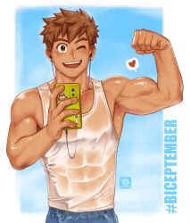 abs after_workout athletic_male athletic_wear flexing_bicep male male_focus male_only mirror_selfie mondoart muscular muscular_arms muscular_male oc pecs phone post_workout smile sweat sweatdrop sweating sweaty sweaty_clothes sweaty_male wink winking_at_viewer