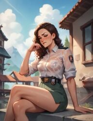 1girls ai_generated beautiful big_breasts biting_lip biting_lip biting_own_lip brown_hair busty clothes curly_hair curly_hair_female curvy female female female_focus female_only gorgeous hot long_legs military_uniform see-through see-through_clothing sexy short_skirt sitting skirt tight_clothes wet wet_clothes wet_clothing