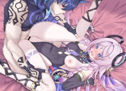 1boy absurdres animal_ears armlet asymmetrical_gloves bar_censor black_gloves black_leotard black_shirt blue_eyes blue_nails blush body_markings bottomless braid breasts censored citlali_(genshin_impact) clothed_sex clothing_aside commentary cutout_above_navel daram_(shappydude) drooling elbow_gloves facial_mark female fingerless_gloves floating_headgear folded forehead_mark from_above genshin_impact gladiator_sandals gloves hair_intakes headgear highres jewelry large_variant_set leotard leotard_aside long_hair looking_at_another looking_down low_twin_braids lying male medium_breasts missionary motion_blur nail_polish necktie nipples on_back on_bed one_breast_out open_mouth ororon_(genshin_impact) parted_lips penis pink_hair pink_pupils purple_eyes purple_hair purple_necktie saliva sandals sex sheet_grab shirt single_elbow_glove straight surprised sweat toned toned_male triangle triangle_facial_mark twin_braids uneven_gloves vaginal_penetration variant_set vision_(genshin_impact)