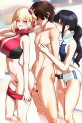 1boy 2girls black_hair blonde_hair blush breasts buruma buruma_pull censored clothes_pull commentary_request commission crop_top female ffm_threesome group_sex inoue_takina large_breasts long_hair lycoris_recoil male mosaic_censoring multiple_girls navel nipple_stimulation nipple_tweak nishikigi_chisato pixiv_commission red_buruma red_eyes sex sex_from_behind short_hair standing standing_sex stomach straight tamamoice threesome white_buruma