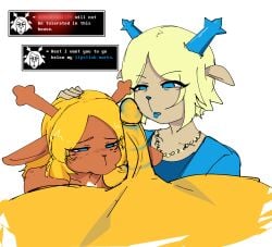 anonymous_artist anthro blonde_hair blue_eyes carol_holiday daughter_(lore) deer deltarune english_text fellatio female genitals group hair hand_on_head hi_res kiss_mark kris_(deltarune) lipstick makeup male male/female mammal mother_(lore) mother_and_child_(lore) mother_and_daughter_(lore) noelle_holiday oral parent_(lore) parent_and_child_(lore) parent_and_daughter_(lore) penile penis sex short_hair text trio undertale_(series)