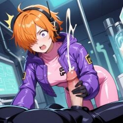 ai_generated bodysuit cum ejaculation gloves handjob jacket lilith one_piece orange_hair pink_bodysuit purple_eyes