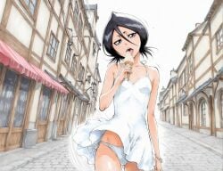 16:9 1girls accurate_art_style ai_generated arm_at_side asymmetrical_bangs bare_arms bare_legs black_hair bleach bracelet braless breasts building clothed clothes_lift clothing cobblestone collarbone day dress dress_lift dripping erect_nipples erect_nipples_under_clothes female female_focus female_only food full_color fully_clothed hair_between_eyes high_resolution highres hips holding holding_food ice_cream ice_cream_cone jewelry kuchiki_rukia large_filesize licking light-skinned_female light_skin looking_at_viewer manga_style melting nipples nipples_visible_through_clothing no_bra noxxi_(artist) open_mouth outdoors panties pantyshot pavement perky_breasts petite pokies purple_eyes road saliva saliva_trail seductive seductive_look seductive_pose see-through see-through_clothing sexually_suggestive shiny_hair shiny_skin short_dress short_hair side-tie_panties side_bangs skinny skirt sleeveless sleeveless_dress slender_body slender_waist small_breasts smile solo solo_female solo_focus standing store street sundress thighs tight_clothes tight_clothing tight_dress tongue tongue_out underwear white_dress white_panties white_underwear wind wind_lift