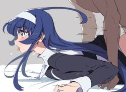 1boy 1girls ahoge blue_eyes blue_hair blush dress female female_focus from_behind fucked_from_behind grey_background hairband huge_ahoge long_hair male nun open_mouth orie_ballardiae_harada penetration_from_behind sex sex_from_behind taken_from_behind tongue tongue_out touniyuu under_night_in-birth very_long_hair white_hairband