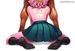 2025 ai_generated artist_name ashido_mina ass back crazyfishbones facing_away female from_behind head_out_of_frame long_hair simple_background skirt solo