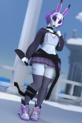 1girls 3d bottomless bottomless_skirt breasts choker clothed female female_focus female_only hoodie knife mask neon_violet neon_white no_panties purple_hair short_hair skirt solo solo_female solo_focus stockings thick_ass thick_thighs vensaku