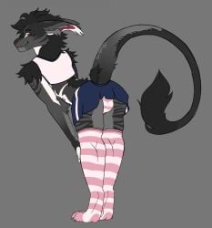 2025 ass balls bedroom_eyes black_body black_fur bottomwear claws clothed clothing crop_top femboy fur genitals grey_body grey_fur hair hi_res legwear long_ears long_tail male mane mane_hair narrowed_eyes presenting presenting_hindquarters raised_bottomwear raised_clothing raised_skirt red_eyes sa-turn seductive shirt signature simple_background skirt smile smiling_at_viewer smirk smirking_at_viewer striped_body striped_fur stripes tail tail_tuft thick_thighs thigh_highs toe_claws topwear tuft underwear vernid white_body white_fur