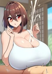 1boy1girl aya_(emp/denjipgre) belly big_breasts blush breasts_bigger_than_head brown_hair ejaculation ejaculation_between_breasts emp_(denjipgre) female huge_breasts male paizuri paizuri_lead_by_female paizuri_on_lap paizuri_under_clothes paizuri_with_gigantic_breasts red_eyes smiling_at_partner squeezing_breasts_together tremble_spikes trembling_for_pleasure white_tank_top