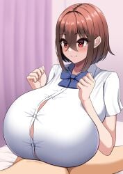 aya_(emp/denjipgre) bed big_breasts breasts_bigger_than_head brown_hair comic emp_(denjipgre) huge_breasts imminent_paizuri looking_at_partner original_character paizuri paizuri_lead_by_female paizuri_under_clothes paizuri_with_gigantic_breasts red_eyes ribbon school_uniform small_penis smiling_at_partner squeezing_breasts_together