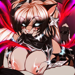 angel_kryis anthro anthro_on_anthro black_hair blush breasts clothed clothing crystal-for-ever fangs felid feline female fur genitals glowing glowing_eyes hair kaneki_ken looking_at_viewer male mammal multicolored_fur nipples paizuri partially_clothed penis sex straight teeth tentacles titjob tokyo_ghoul two_tone_hair white_eyes