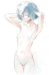 armpits arms_behind_head berserk blue_hair breasts butterchalk closed_eyes collarbone commentary commentary_request completely_nude english_commentary female freckles hair_over_one_eye highres isma navel nipples nude pussy short_hair simple_background small_breasts solo thigh_gap uncensored white_background