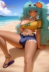 1girls 2d ai_generated aqua_hair ass barefoot big_ass big_breasts bikini bracelet brazilian_miku breasts dark-skinned_female earrings erection erophoenix eyewear_on_head feet full_body futanari grin hair_flower hair_ornament hatsune_miku huge_breasts jewelry kneeling large_penis long_hair looking_at_viewer looking_back nail_polish patreon_username penis shorts smile soles solo solo_female sunglasses swimsuit tan tellow_shirt testicles thick thick_thighs toes uncensored vocaloid