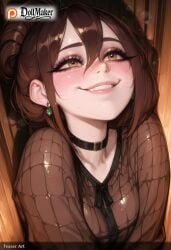 abs ai_generated artist_name ayase_momo ball bangs basketball black_choker blush breasts brown_eyes brown_hair choker deviantart_username dollmaker dollmaker_(artist) earrings female fishnet_bodysuit fishnet_legwear fishnets gym_storeroom hair_between_eyes jewelry long_hair looking_at_viewer patreon_logo patreon_username smile solo tagme watermark web_address