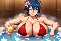 ai_generated breasts dark_blue_hair female flower_in_hair gigantic_breasts holding_cocktail hot_tub huge_breasts kunoichi looking_at_viewer manyuu_chifusa manyuu_hikenchou massive_breasts milf ponytail posing red_bikini relaxing samurai self_upload stable_diffusion sweat unclego voluptuous wink yellow_eyes