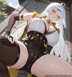ahoge ai_generated bangs black_shorts blush cameltoe cleavage elbow_gloves fingerless_gloves hair_ornament jacket kneeling large_breasts large_penis long_sleeves patreon patreon_username shiny_skin shorts single_thighhigh thigh_strap very_long_hair white_hair xzollosez yellow_eyes yixuan_(zenless_zone_zero) yunkui_summit zenless_zone_zero