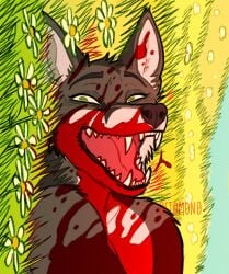 0ct0m0n0 ambiguous_gender anthro artist_name blood blood_on_face blood_on_shoulder bodily_fluids canid canine cheek_tuft facial_tuft flower fur green_eyes grey_body grey_fur happy head_tuft hi_res laugh looking_at_viewer lying mammal nude on_back open_mouth open_smile plant red_tongue smile solo text tongue tuft white_body white_flower white_fur