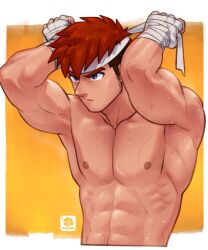abs armpits bandage ganta headband male male_focus male_only mondoart muscular muscular_arms muscular_male oc pecs red_hair sweat sweatdrop sweating sweaty
