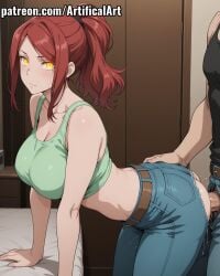 1boy 1girls ai_generated artifical_art balls big_breasts blue_pants blush doggy_style enen_no_shouboutai fire_force jeans light-skinned_female light_skin lisa_isaribi long_hair orange_eyes penis penis_in_pussy perfect_body ponytail red_hair sex tied_hair torn_pants touching_ass vaginal_penetration vaginal_sex voluptuous_female