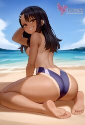 1girls 2d ai_generated areolae ass back bare_shoulders beach big_ass bikini bikini_pull black_hair blue_bikini blue_eyes brown_eyes competition_swimsuit dark_skin dark_skinned_female day erophoenix female female_focus full_body hairclip hayase_nagatoro jewelry long_hair looking_at_viewer ocean one-piece_swimsuit one-piece_tan outdoors patreon_username please_don't_bully_me,_nagatoro sitting skin_fang sky small_breasts smile solo swimsuit tan tan_body tan_lines tanline thick thick_thighs uncensored