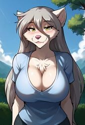 1girls ai_generated anthro arms_behind_back backdoortenya big_breasts blue_shirt blue_sky blush breasts busty chest_tuft clouds deviantart ears ears_up female furry grey_hair keidran long_hair looking_at_viewer outdoors outside pink_nose raine_silverlock silver_hair smile smiling_at_viewer sunlight tom_fischbach trees twokinds white_body white_fur wolf wolf_girl yellow_eyes