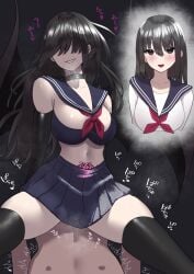 1boy absurdres before_and_after blue_bra blue_sailor_collar blue_skirt blunt_bangs bra breasts choker collarbone corruption dark_persona demon_girl female femdom highres hime_cut large_breasts midriff navel original pleated_skirt pubic_tattoo rape sailor_collar school_uniform serafuku sex skirt tatsunohiroigo3 tattoo transformation underwear wings