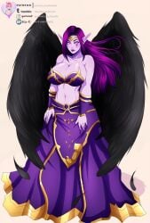 1girls 2018 big_breasts black_feathers black_wings breasts cleavage dress female female_only law-zilla league_of_legends long_hair long_nails looking_away morgana painted_fingernails painted_nails purple_body purple_eyes purple_hair purple_lips purple_lipstick purple_nails purple_skin riot_games wings