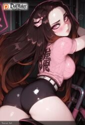 ai_generated ass belt blush breasts brown_hair dollmaker dollmaker_(artist) female ground_vehicle hair_ribbon kamado_nezuko large_breasts long_hair looking_at_viewer looking_back multicolored_hair patreon_logo patreon_username pink_eyes pink_ribbon ribbon shorts solo sweat tagme thighs watermark web_address