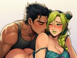 ai_generated black_hair blush blush clothed cute daughter earrings father father_and_child father_and_daughter green_hair incest jojo's_bizarre_adventure jolyne_kujo jotaro_kujo lipstick parent_and_child space_buns stone_ocean
