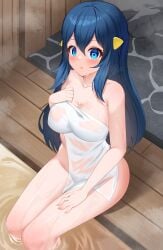 alternate_breast_size bare_arms bare_legs bare_shoulders bare_thighs big_breasts blue_eyes blue_hair bluerabbit_gap blush breasts cleavage collarbone dawn_(pokemon) hairclip hot_spring in_water long_hair naked_towel onsen parted_lips pokemon sitting thighs towel towel_only wet_body wet_hair