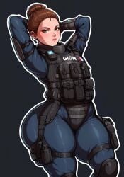 1girls ai_assisted ai_generated artist_request brown_hair flat_chest green_eyes highres huge_thighs looking_at_viewer rainbow_six rainbow_six_siege small_breasts tactical_gear thick_thighs twitch_(rainbow_six) wide_hips