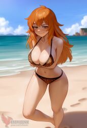 1girls 2d ai_generated ass barefeet big_ass big_breasts bikini breasts cleavage day erophoenix feet female female_focus full_body gamo-chan grin leopard_print long_hair looking_at_viewer ocean orange_eyes orange_hair outdoors patreon_username please_don't_bully_me,_nagatoro solo solo_female sweat swimsuit thick thick_thighs toes uncensored