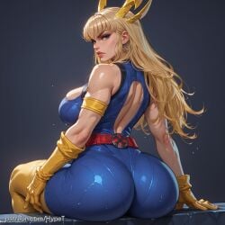 ai_generated ass ass_focus back_view big_breasts blonde_hair blue_eyes breasts female hypet magik_(illyana_rasputin) magik_(marvel_rivals) magik_(retro_x-uniform) marvel marvel_rivals shiny shiny_skin sitting tagme thick thick_ass thick_legs thick_thighs thighs wet wet_body x-men