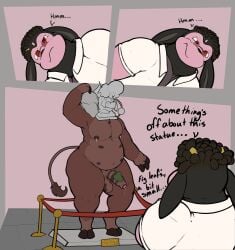 animate_inanimate anthro balls belly_nipples biteki_(cowprintsoda) bodily_fluids bovid bovine brown_body cattle clothed clothed_anthro clothed_male clothing duo exhibit eyewear for_a_head generation_2_pokemon genital_fluids genitals glasses holding_rock lactating leaf lotsandlotsoft1 male mammal miltank multi_nipple museum nintendo nipples nude overweight overweight_anthro overweight_male penis pink_body pokemon pokemon_(species) pose precum presenting presenting_penis reno_(lotsandlotsoft1) sculpture statue statue_stand striped_genitalia striped_penis stripes
