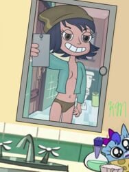 bathroom black_hair breast brown_eyes disney hair hat headgear janna_ordonia mirror open_clothes open_shirt panties self_shot shirt star_vs_the_forces_of_evil straight_hair underdogfan40