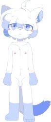 absurd_res anonymous_artist anthro bangs blue_body blue_eyes blue_hair blue_tail blush chest_tuft digital_media_(artwork) domestic_cat felid feline felis foreskin fur genitals gloves_(marking) hair hi_res leg_markings male mammal markings multicolored_body nipples nude paws penis routine_(yonkagor) socks_(marking) solo standing tail tuft white_body white_hair white_tail