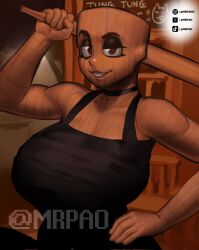 1girls big_breasts breasts female female_only italian_brainrot meme mrpao muscular muscular_female rule_63 solo solo_female tung_tung_tung_sahur watermark wood
