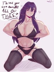 abs arms_behind_back biceps big_breasts big_girl bikini lewddoodler long_hair muscular muscular_arms muscular_legs purple_hair seductive_body seductive_gaze thick_thighs yuri_(doki_doki_literature_club)