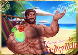 beach beard chest chest_hair chest_tuft cocktail dazol face_tattoo final_fantasy_xiv hammock highlander male male_focus male_only muscles muscular_male original_character scar scars smile warrior_of_light_(ff14)