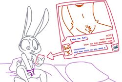 bed canine disney flat_chest fox judy_hopps lagomorph mammal masturbation monochrome nick_wilde panties phone rabbit rough_sketch sketch sweat text the_weaver tuft underwear zootopia