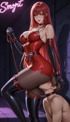 1boy ai_generated choker elesis_(elsword) face_in_ass female femdom leash leash_pull male pantyhose red_dress red_hair smothering thigh_boots