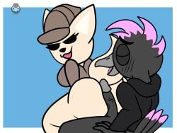 2023 aggressive_retsuko aggretsuko anthro corvid crow daryl_(cringebird) detective detective_hat detective_outfit female fennec fennec_fox fenneko furry genitals gooeysin hot_dogging humanoid_genitalia humanoid_penis nonbinary penis tagme