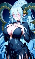 belly_button blue blush braided_hair choker dragon dress fate/grand_order fate_(series) full_body fully_clothed goddess hands_on_breasts huge_breasts milf mommy ornate_clothing ponytail red_eyes tiamat_(fate) valkris9 very_long_hair x_pupils