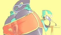 2025 absurd_res anthro arms_on_table ass bent_over big_butt blush blush_lines bodily_fluids bottomwear bottomwear_down bra butt_focus clothed clothing clothing_entrapment digital_drawing_(artwork) digital_media_(artwork) duo entrapment female furniture hi_res long_ears looking_back machine moon_(sofmallow) orange_bottomwear orange_clothing orange_shorts partially_clothed phonodroid robot shorts shorts_down simple_background size_difference sofmallow table thick_thighs underwear yellow_background