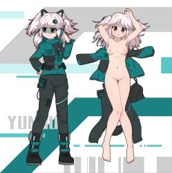 51qu_de_yeying :o absurdres armpits barefoot belt belt_pouch black_pants blush boot_straps boots breasts brown_eyes collar collarbone command_&_conquer command_&_conquer:_red_alert command_&_conquer:_red_alert_2 completely_nude female fingernails foehn_revolt foehn_revolt_symbol goggles green_jacket hair_down hair_undone headphones highres jacket looking_at_viewer lying mental_omega_(mod) military multi-tied_hair multiple_views navel nipples nude on_back pants pda pink_hair pouch reference_sheet sidelocks small_breasts straight-on thighs toenails toes unworn_clothes yunru_(mental_omega)