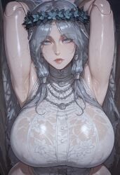 ai_generated alternate_version_at_source armpits arms_up big_breasts breasts doll doll_joints dress elden_ring elden_ring_nightreign fantasy female flower_crown hips hypet long_hair revenant_(nightreign) shiny shiny_skin tagme video wet wet_body wet_clothes white_hair