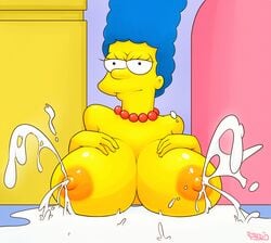 alternate_breast_size big_breasts blue_hair breasts lactation large_breasts marge_simpson milk pbrown the_simpsons yellow_skin