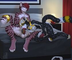 4_toes anthro balls bed bedroom cheetah collar controller digital_drawing_(artwork) digital_media_(artwork) distracted distracted_gaming duo erection feet felid feline fellatio fingers fur furniture game_controller gaming genitals hair harness hi_res hindpaw lying male male/male male_penetrating mammal markings masturbation neash nipples nude on_bed oral oral_penetration paws penetration penile penile_masturbation penile_penetration penis playing_video_game playstation playstation_controller sex sony_corporation sony_interactive_entertainment spots spotted_body striped_body stripes tail toes white_body white_fur zuri_(serene_form)