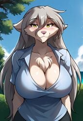 1girls ai_generated anthro arms_behind_back backdoortenya big_breasts blue_shirt blue_sky blush breasts busty chest_tuft clouds deviantart ears ears_down female furry grey_hair long_hair looking_at_viewer outdoors outside pink_nose raine_silverlock silver_hair smile smiling_at_viewer sunlight tom_fischbach trees twokinds white_body white_fur wolf wolf_girl yellow_eyes