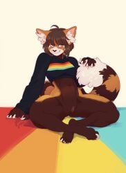 ailurid ana_(shadowtrickss) anthro bottomless bottomless_anthro bottomless_female brown_body brown_fur brown_hair clothed clothing crop_top elking female fur genitals grey_background hair half-closed_eyes hi_res humanoid_genitalia humanoid_pussy mammal markings narrowed_eyes orange_body orange_fur pawpads paws pink_pawpads pussy rainbow_pride_clothing red_panda shirt simple_background smile striped_markings striped_tail stripes tail tail_markings topwear white_body white_fur