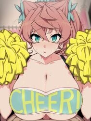 1boy 1girls big_breasts cheerleader_uniform hair_ornament kuro_mushi long_hair looking_at_viewer maria_cadenzavna_eve penis senki_zesshou_symphogear sweat